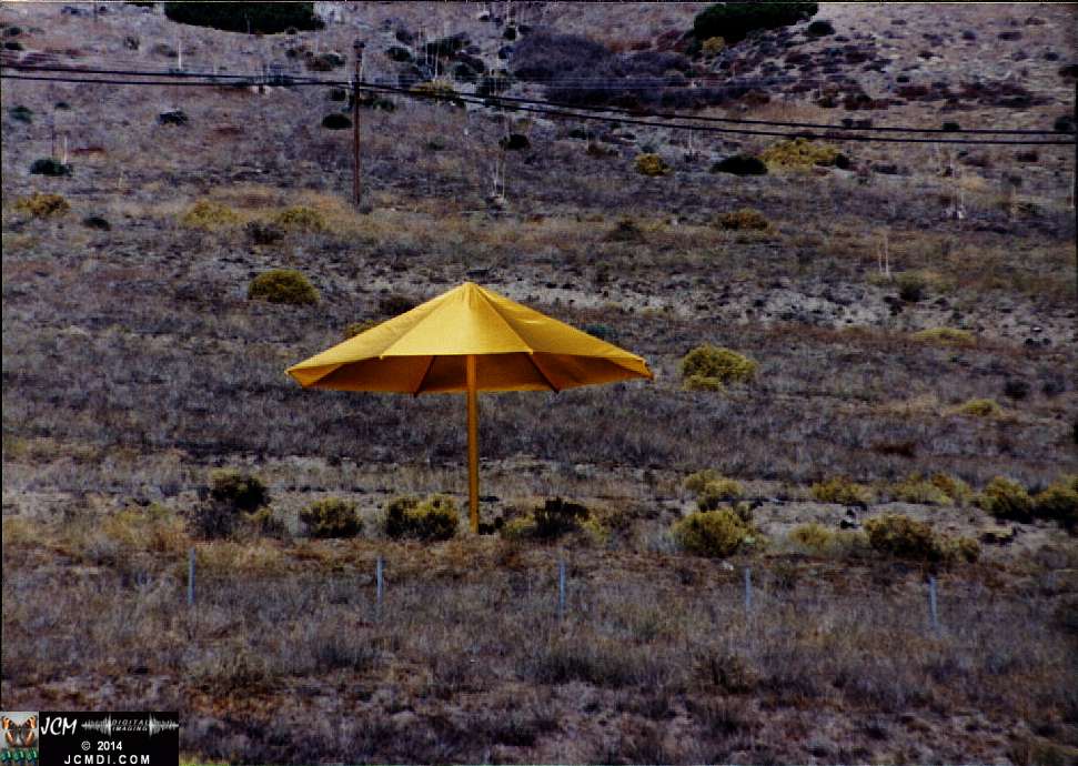 1760 Giant Yellow Umbrella Art Exhibit in Gorman California by Christo Javacheff of Bulgaria, October 1991. JCMDI.COM